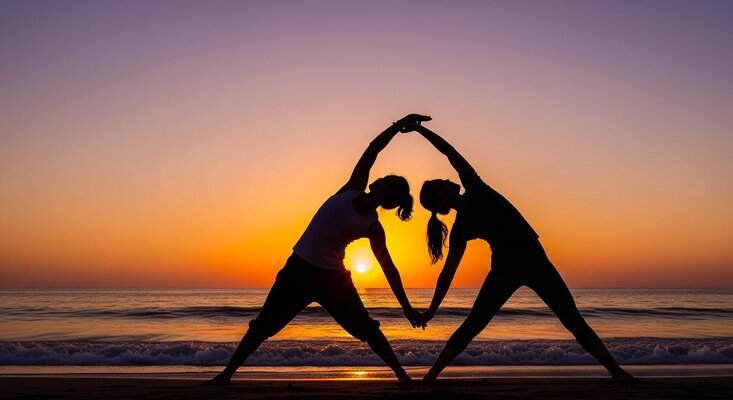 two people in silhouette practicing yoga together at sunset on a beach
