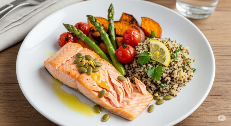 A well-balanced plate with lean protein, colorful vegetables, whole grains, and healthy fats, representing sustainable weight loss through healthy eating habits.