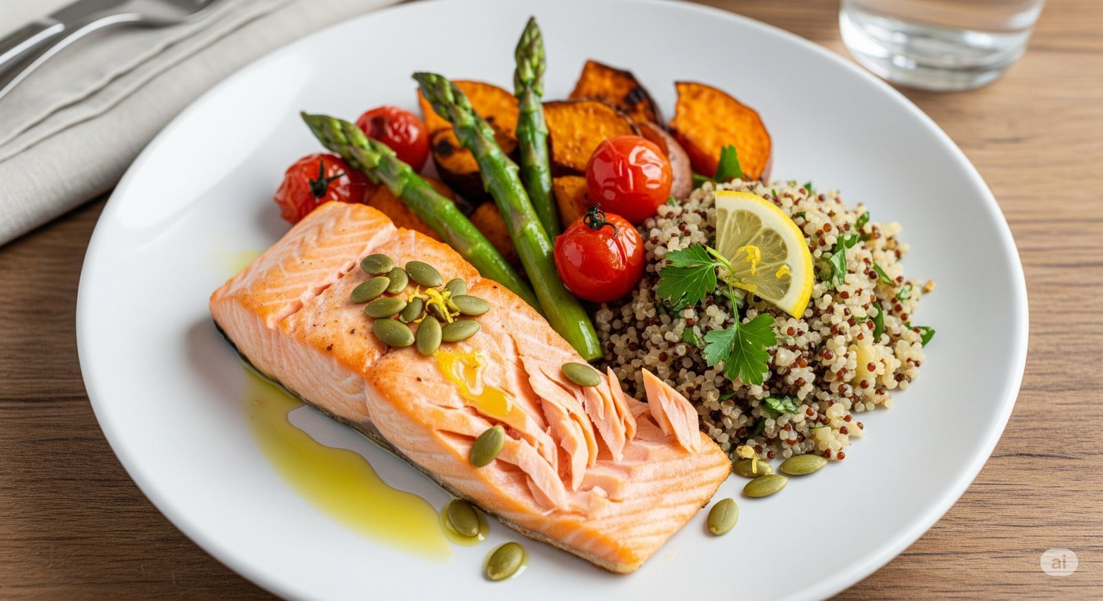A well-balanced plate with lean protein, colorful vegetables, whole grains, and healthy fats, representing sustainable weight loss through healthy eating habits.