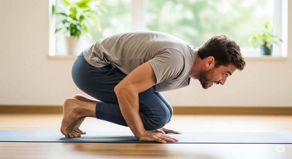 Beginner attempting Crow Pose with knees on arms and feet stuck on the mat, resembling a waddling penguin