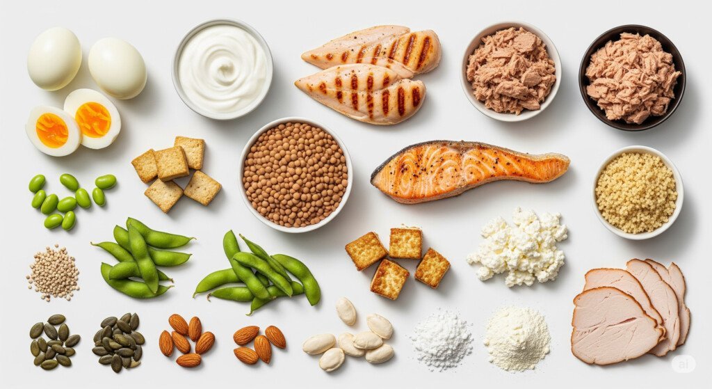 15 high-protein foods that burn fat fast, including eggs, chicken, salmon, lentils, tofu, almonds, quinoa, and whey protein for weight loss and muscle building