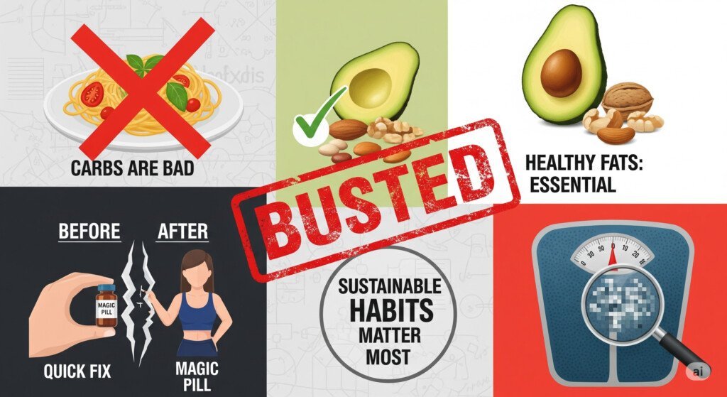 A collage of weight loss myths like "Carbs are bad" and "Quick fixes work," with a red "X" over each myth.