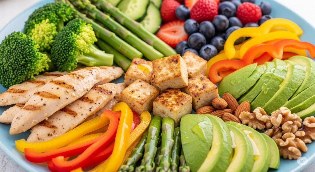A nutritious plate filled with high-protein foods, vegetables, fruits, and healthy fats that aid weight loss