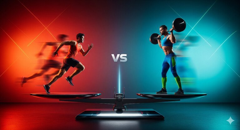 A conceptual image of a dynamic competition between a runner and a person lifting weights, standing on a perfectly balanced scale, symbolizing that both cardio and strength training are equally important for weight loss