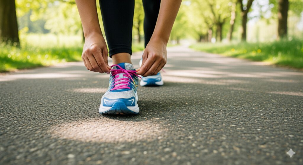 A photo of a person tying their running shoes on a path, representing the start of a beginner's cardio plan
