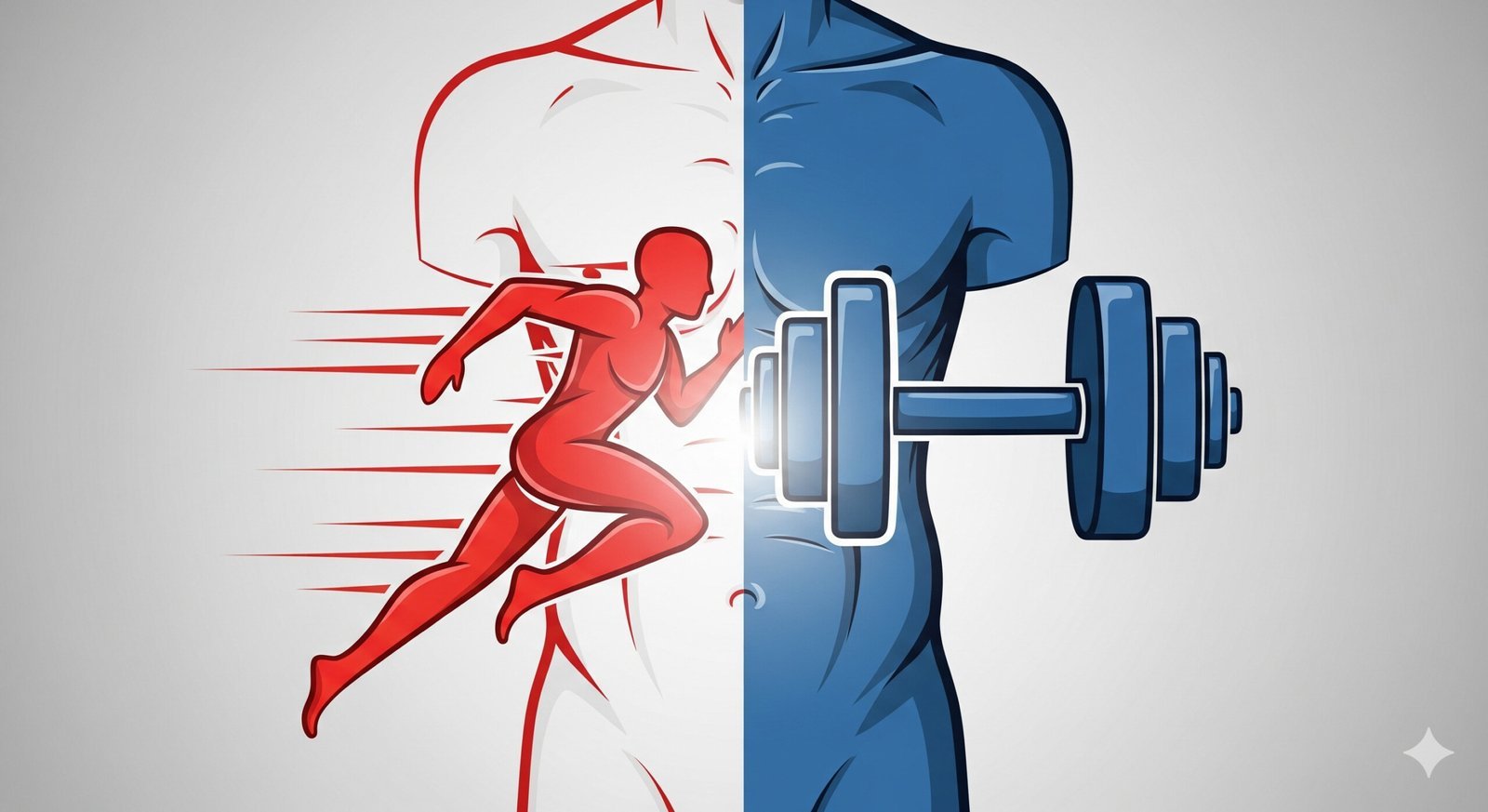 An illustration of a torso divided, showing how both cardio and weights are needed to lose belly fat