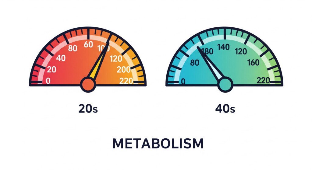 A graphic illustrating a slowing metabolism after 40 with a speedometer showing a slower rate