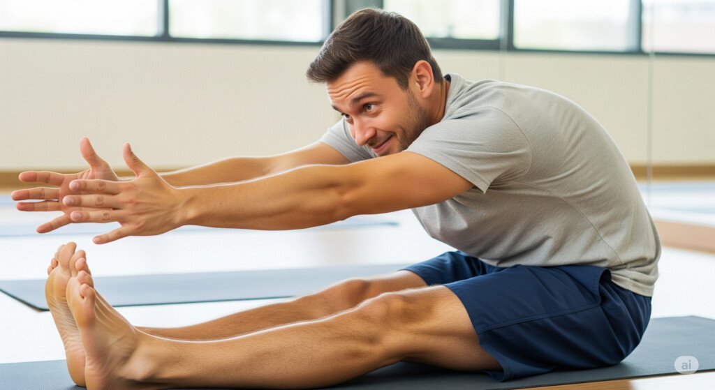 Man struggling to reach toes in Seated Forward Fold, resembling a crumpled origami shape, looks funny yoga poses