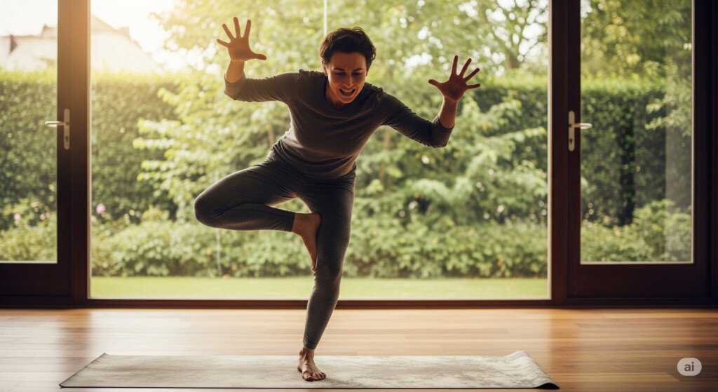 Person wobbling in Tree Pose with arms outstretched, trying to regain balance