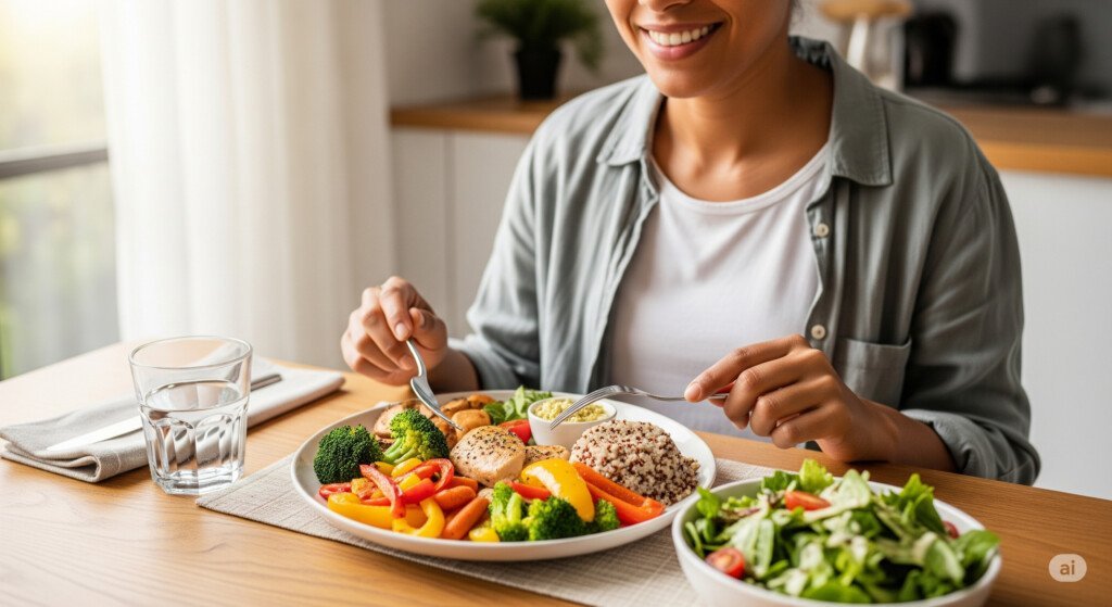 A person enjoying a balanced meal, symbolizing the concept of sustainable weight loss through healthy habits