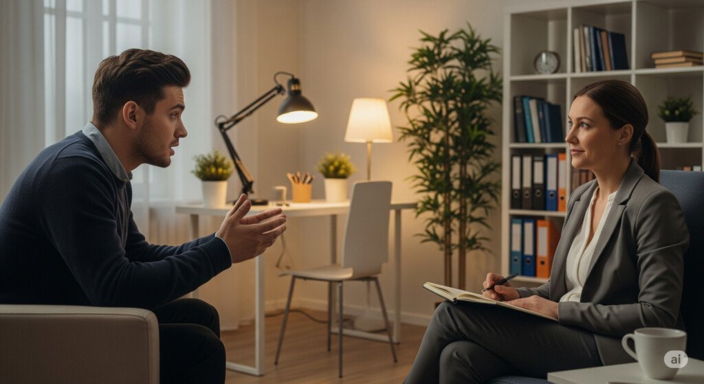 A person speaking with a therapist, indicating when emotional eating may require professional intervention