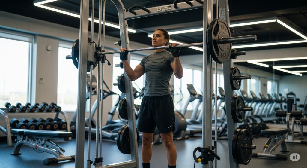 Person performing an upright row with a Smith machine, emphasizing shoulder and trap development.