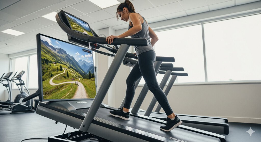 A person walking on an inclined treadmill, highlighting the indoor solution for fat loss with adjustable settings
