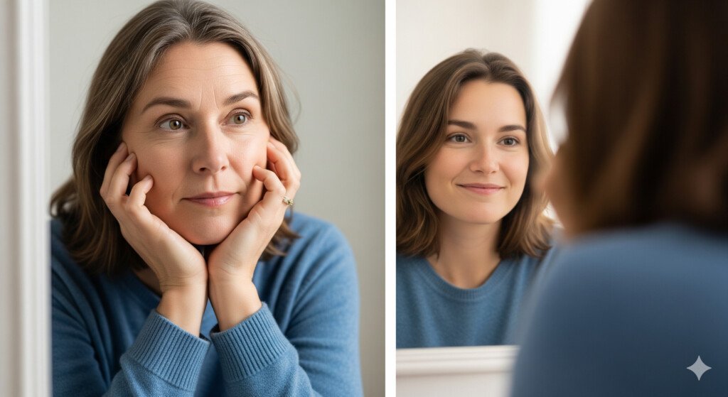A visual representation of weight loss challenges after 40, showing a person reflecting on their body's changes over time
