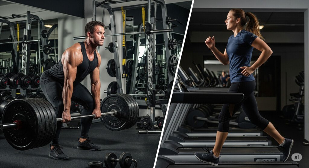 Comparison of strength training on one side and cardio exercises on the other, illustrating the benefits of both.