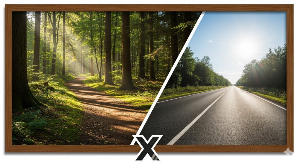 A visual of two diverging paths, one a serene walking trail and the other an open road for running, symbolizing the comparison between walking vs running for weight loss.