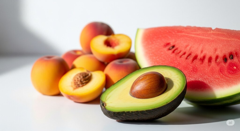 Low-sugar fruits including avocado, watermelon, and peaches for daily weight loss diet