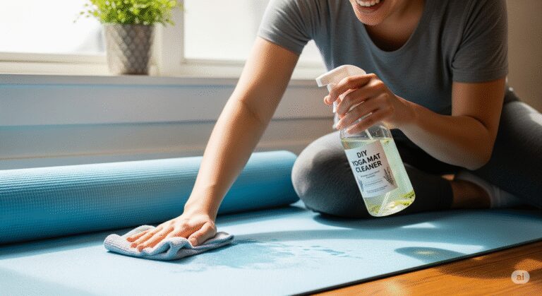How to clean yoga mat: A person cleaning their yoga mat with a DIY spray solution, ensuring it stays fresh and hygienic.