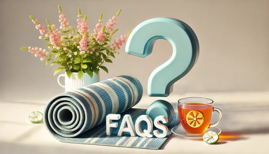 A yoga mat and a cup of tea next to a question mark, symbolizing curiosity about the relationship between yoga and faith.