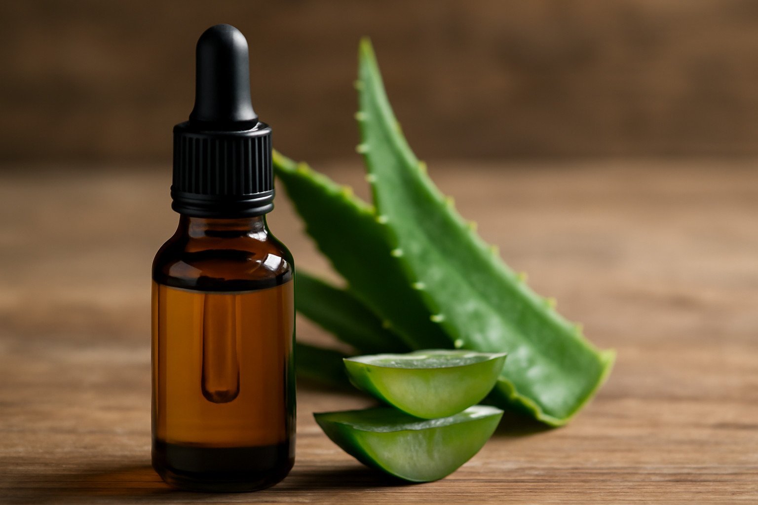 How to make Aleo essential oil: Amber glass dropper bottle with Aleo essential oil next to fresh Aloe Vera leaves on a rustic wooden surface.