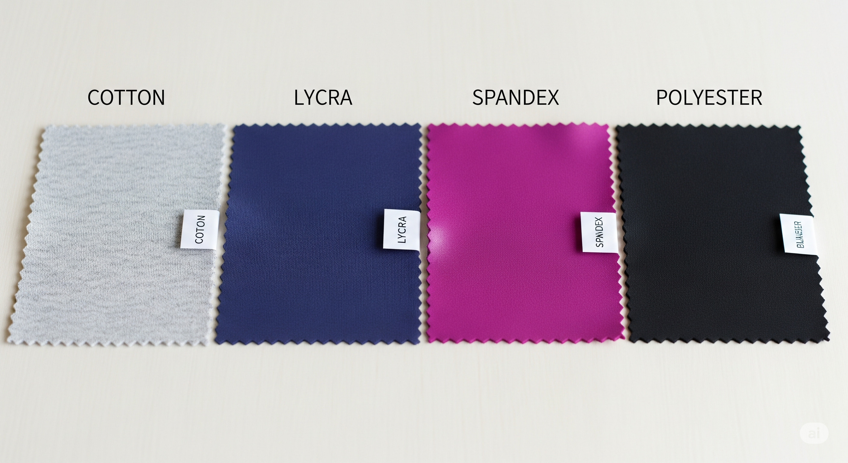Fabric guide for yoga wear: Swatches of cotton, lycra, spandex, and polyester fabrics used in yoga clothing.