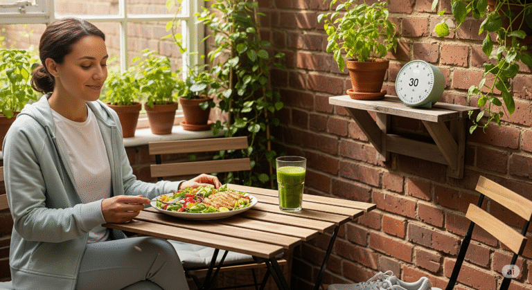 How long should you wait to exercise after eating – a person enjoying a light meal with a timer, symbolizing the ideal post-meal workout timing.
