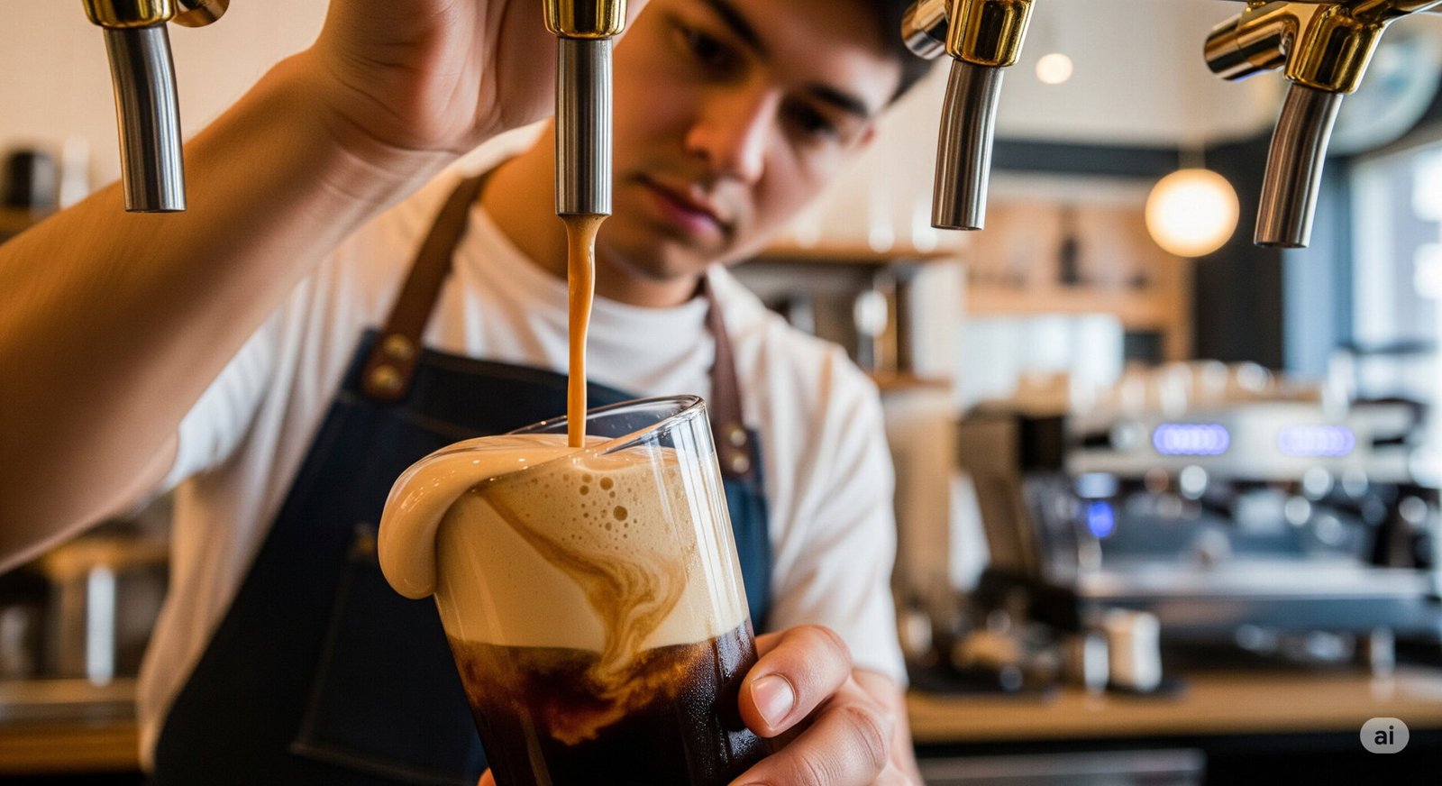 Barista pouring nitro cold brew from a tap, showcasing the creamy foam and smooth texture of nitro cold brew coffee.