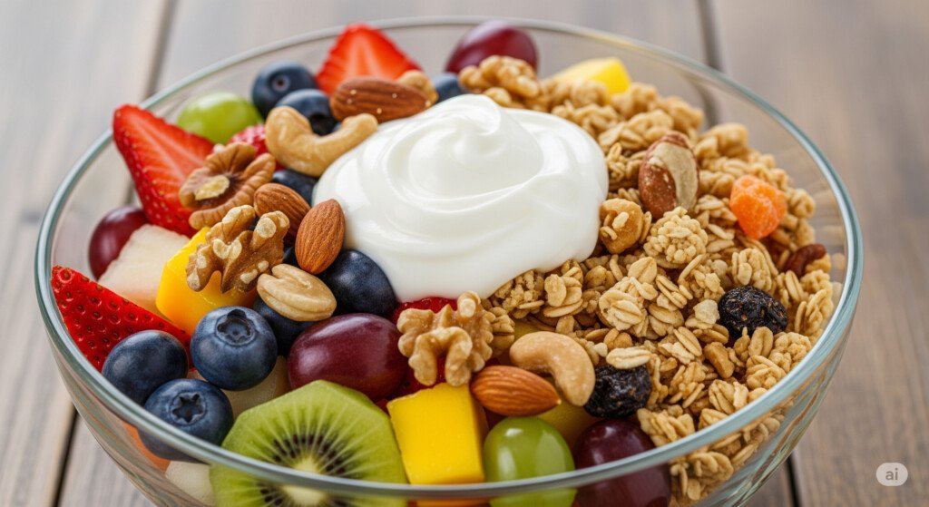 Balanced diet combining fruits with yogurt, nuts, and granola for healthy weight loss