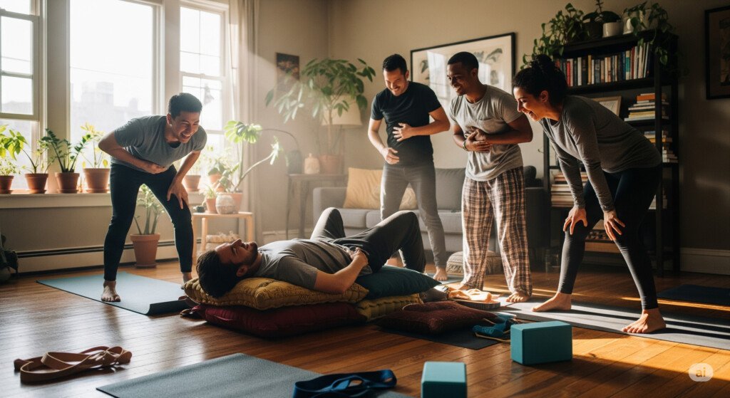 Friends laughing together after a funny yoga mishap during a casual home practice