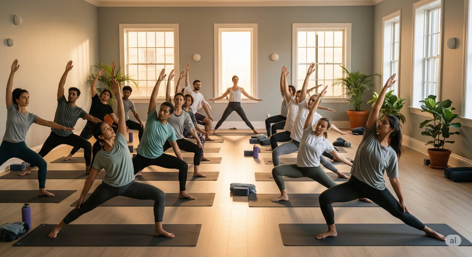 How much do yoga instructors make in a typical class? Yoga students practicing in a calm, professional environment.