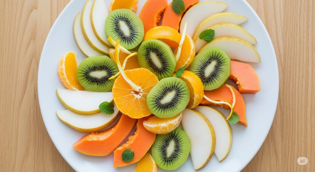 High-fiber fruits like kiwi, papaya, oranges, and pears supporting weight loss