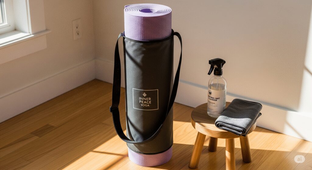 How to clean yoga mat: A rolled-up yoga mat stored in a yoga in a bag, ensuring it's clean and ready for the next practice.
