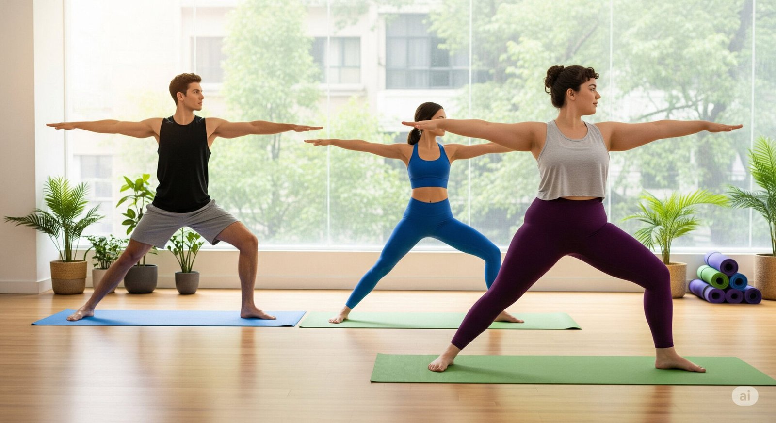 Outfit ideas for every body type: A man, woman, and plus-size person each wearing different yoga outfits suited to their body type.