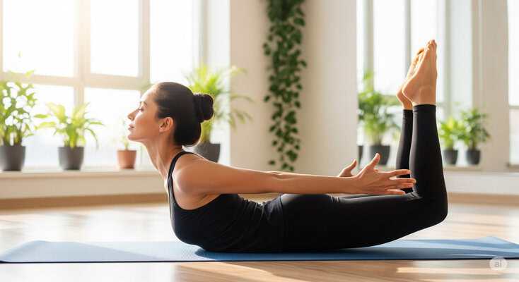 Yoga practitioner performing Dhanurasana (Bow Pose), lying on the stomach, bending both knees to bring the heels towards the hips, and reaching back with both hands to hold the ankles. The pose opens the chest, strengthens the back, and improves flexibility and balance