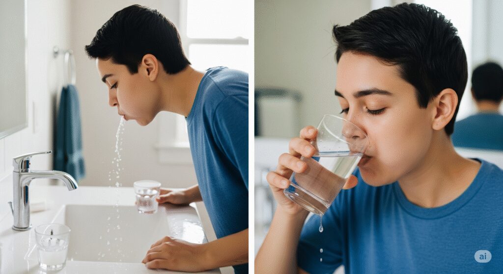 Person performing a salt water rinse to relieve roof of mouth pain and promote healing.