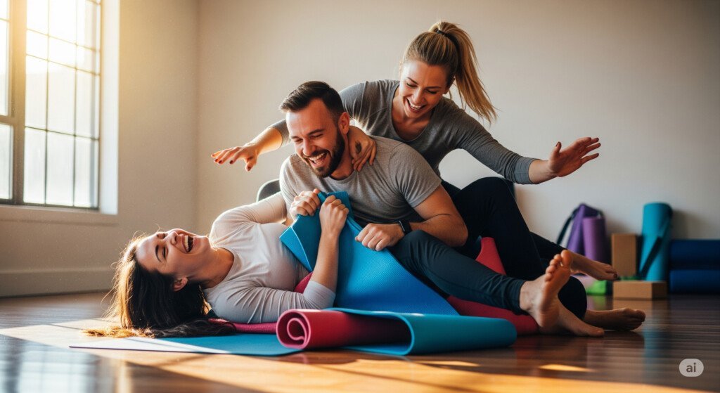 Group of friends tangled together in a playful yoga blooper during class.
