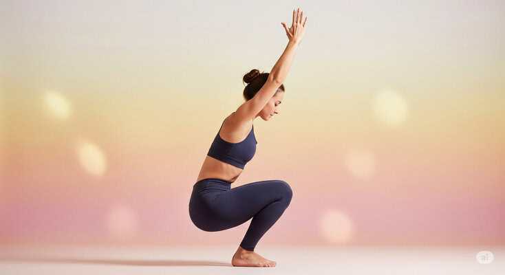 Person practicing Utkatasana (Chair Pose) in yoga, with knees bent deeply as if sitting in an imaginary chair, arms extended overhead, and torso upright. The pose engages the core, strengthens the legs, and enhances focus and endurance