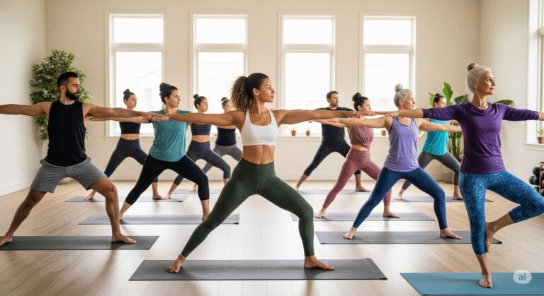 What to wear to yoga: A diverse group of individuals in comfortable, functional yoga outfits practicing in a serene studio.