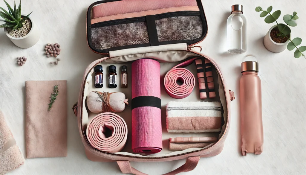 A neatly packed yoga in a bag with a pink yoga mat, blocks, resistance bands, essential oils, and other essentials for travel yoga.