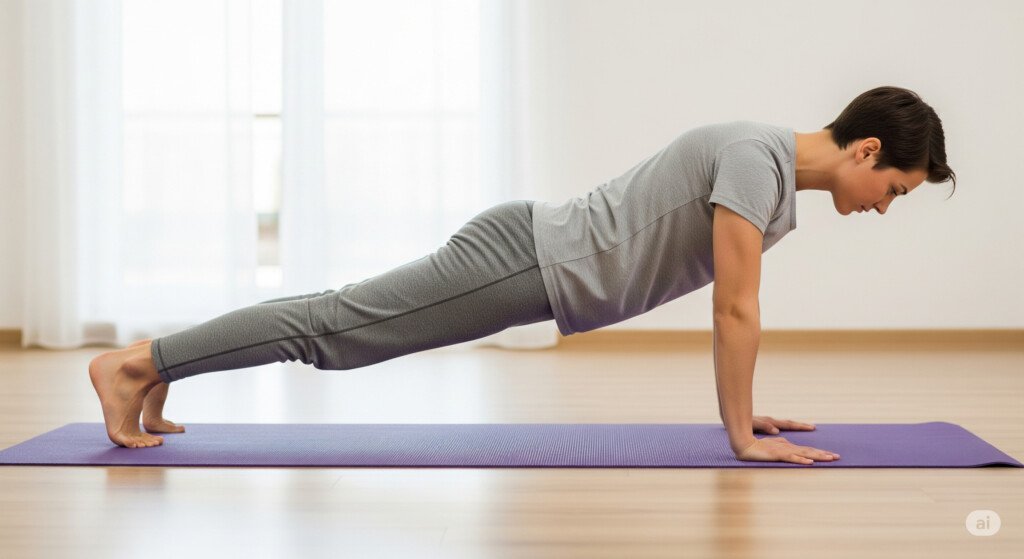 Plank Pose in power yoga to strengthen core, arms, and shoulders.