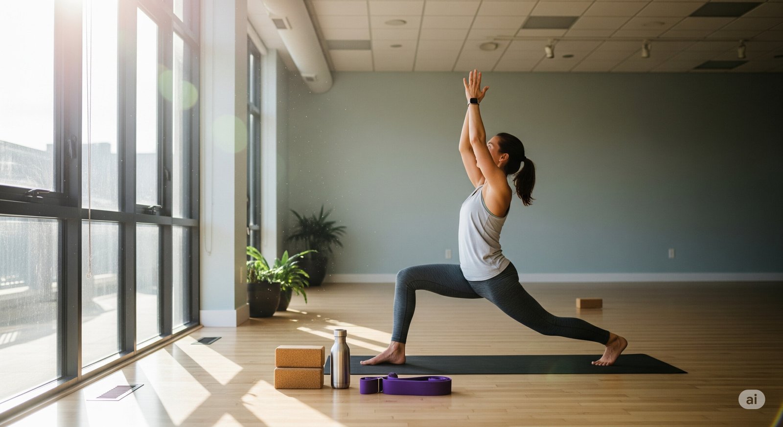 a beginner in Warrior I pose in a bright modern yoga studio scaled