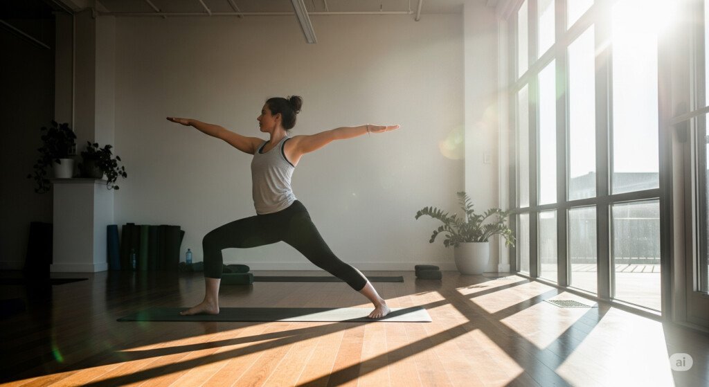 Warrior II pose in beginner power yoga class to build strength and balance