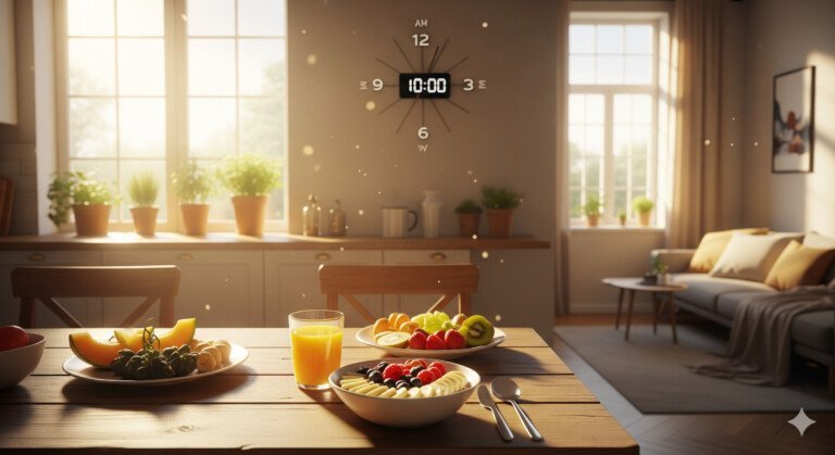 a serene, sunlit kitchen with a healthy breakfast on the counter and a clock in the background, representing the start of an intermittent fasting day