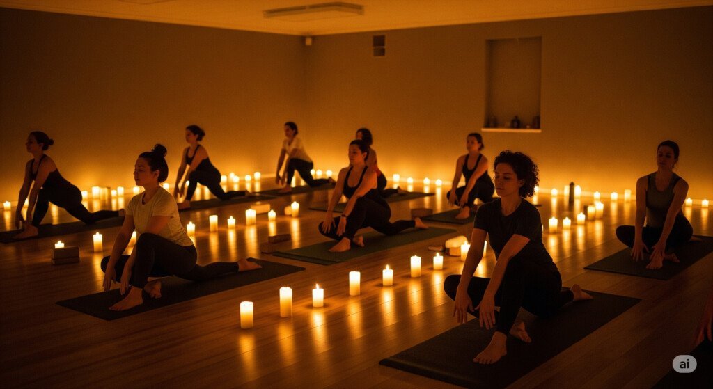 Restorative yoga class in soft lighting