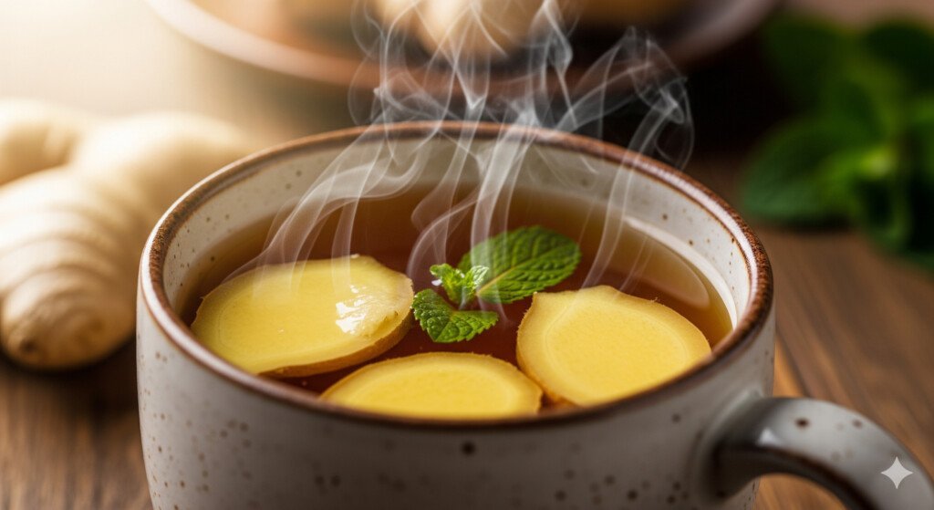 A close-up of a steaming mug of ginger tea with fresh ginger slices, representing its use for digestion and belly fat