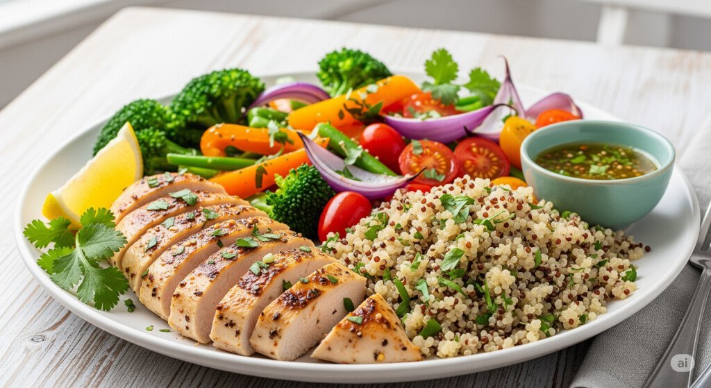 Balanced low fat meal with vegetables, lean protein, and whole grains