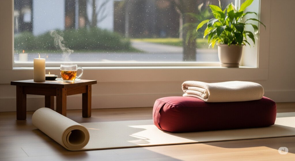Gentle yoga setup at home with props for period cramp relief