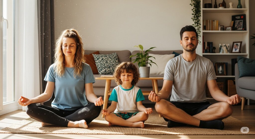 Family practicing chair yoga together for International Yoga Day