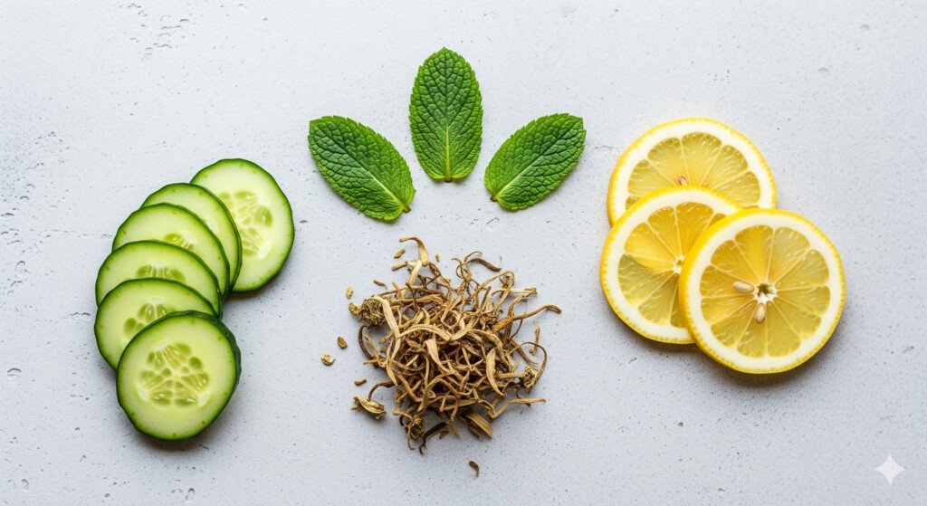 A flat lay photo showing various ingredients for a detox tea, including lemon, mint, and dandelion root. these are best herbal teas for weight loss.