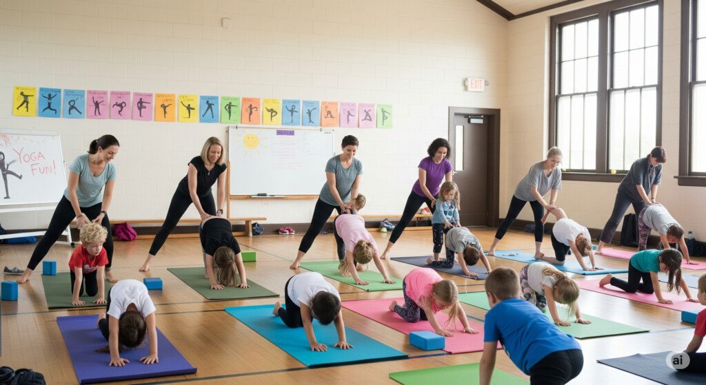 Volunteers offering free yoga guidance and support as part of Seva selfless service.